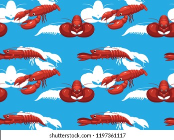 Cute Lobster Cartoon Blue Background Seamless Wallpaper