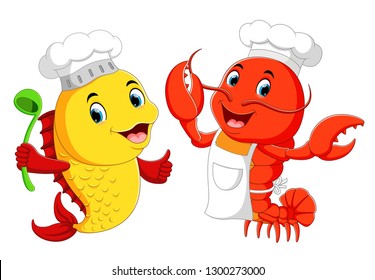 Cute lobster chef and fish chef cartoon