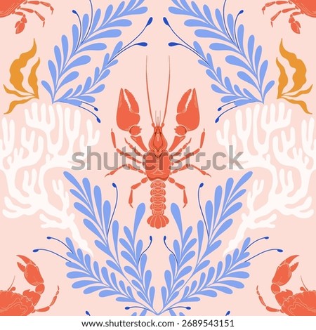 Cute Lobster Seamless Pattern with blue Seaweed on Pink Background. Vintage Whimsical coastal print with retro seafood illustrations and ocean life. Perfect for marine baby prints, nursery decor