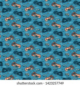 Cute lobster and shrimp cartoon seamless vector pattern. Hand drawn crustacean shellfish tile. All over print for shell blog, nautical graphic, sea life home decor.