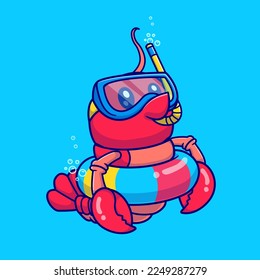 Cute Lobster Snorkeling With Swimming Tires Cartoon Vector Icon Illustration. Animal Holiday Icon Concept Isolated Premium Vector. Flat Cartoon Style