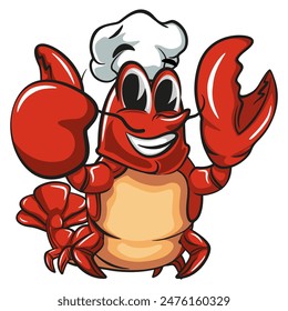 Vector de langosta lindo logotipo de la ilustración de la mascota dando pulgares hacia arriba en sombrero de chef, trabajo de mano dibujado