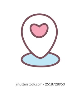 Cute location marker icon. Hand drawn illustration of a navigation mark with a heart isolated on a white background. Kawaii St. Valentine day sticker. Vector 10 EPS.