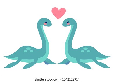 Cute Loch Nessie couple in love on wite background vector illustration flat desing