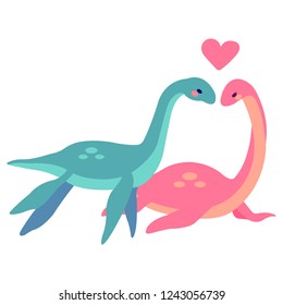 Cute Loch Nessie couple in love on wite background vector illustration flat desing