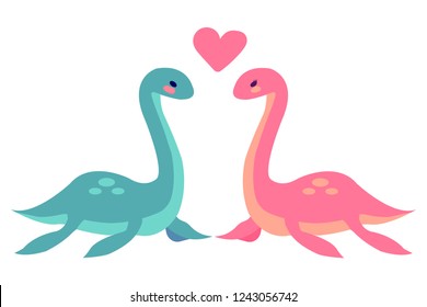 Cute Loch Nessie couple in love on wite background vector illustration flat desing