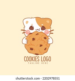 Cute logo for bakery store with cat and cookies . kawaii cartoon hand drawn