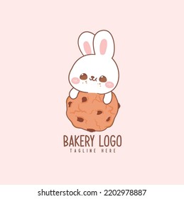 Cute logo for bakery store with rabbit eat cookies . kawaii cartoon hand drawn