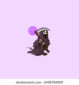 Linda mascota de dibujos animados del logotipo Shadow Grim Reaper está vagando bajo la luz de una luna llena púrpura