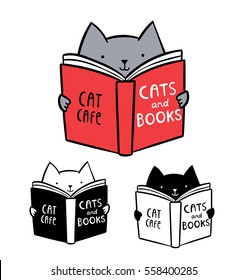 Cute logo for cat cafe. Funny kitten reading book