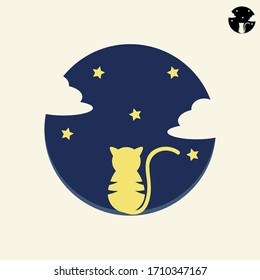 Cute Logo of Curious Cat Staring Star on The Sky in The Night