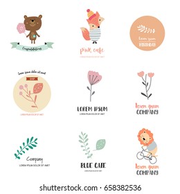 Cute logo design with bear,fox,lion,leaf and flower