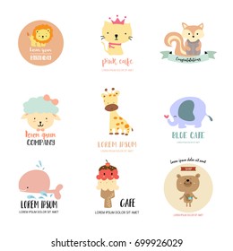 Cute logo design with lion,cat,sheep,giraffe,elephant,whale,ice cream,bear and squirrel