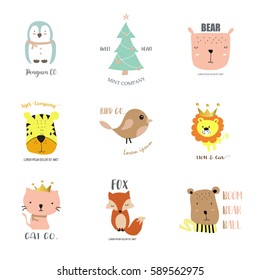 Cute logo design with penguin,chirstmas tree,cat,bear,bird,lion and fox