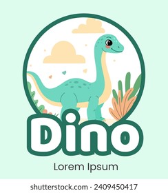 Cute logo dinosaur brontosaurus flat illustration of cheerful up historical character