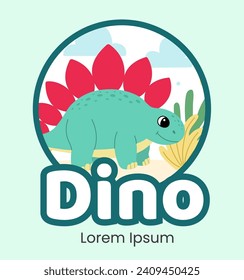 Cute logo dinosaur stegosaurus flat illustration of cheerful up historical character