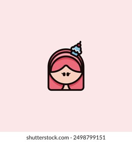 
Cute logo girl face with pink hair and cupcake tiara. Logo for candy or children's clothing brand