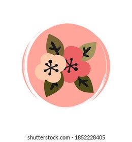 Cute logo or icon vector with abstract flowers in contemporary boho style, illustration on circle with brush texture, for social media story and highlights	