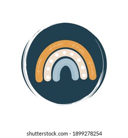 Cute logo or icon vector with abstract rainbow in contemporary boho style, illustration on circle with brush texture, for social media story and highlights