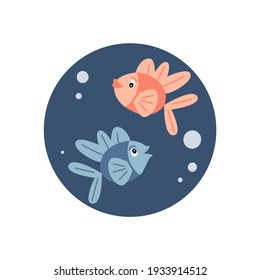 Logo o vector de íconos con peces de dibujos animados en el mar, ilustración de la historia del círculo para los medios sociales y aspectos destacados	