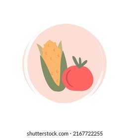 Cute logo or icon vector with cob and tomato vegetables illustration on circle with brush texture, for social media story and highlight