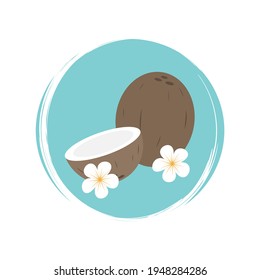 Cute logo or icon vector with coconut and hibiscus flowers on circle with brush texture, for social media story and highlights