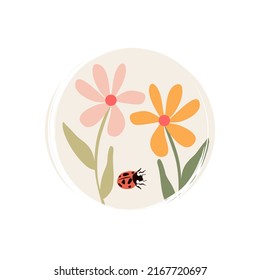 Cute-Logo oder Ikone-Vektorgrafik mit bunten, blühenden Blumen und Ladybug-Insekten, Illustration auf dem Kreis für Social-Media-Geschichte und Highlights