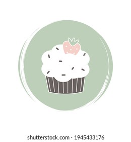 Cute logo or icon vector with cupcake on circle with brush texture, for social media story and highlights