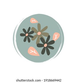 Cute logo or icon vector with daisy flowers in contemporary boho style, illustration on circle with brush texture, for social media story and highlights