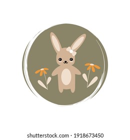 Cute logo or icon vector with daisy flowers and rabbit, illustration on circle with brush texture, for social media story and highlights