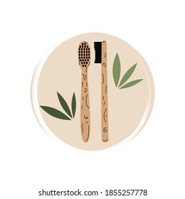 Cute logo or icon vector with ecological bamboo toothbrushes, illustration on circle with brush texture, for social media story and highlights	
