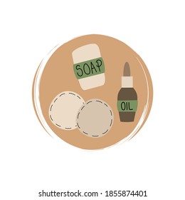 Cute logo or icon vector with ecological soap, bio oil and beauty elements illustration on circle with brush texture, for social media story and highlights
