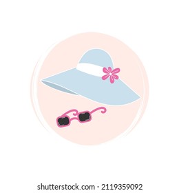 Logotipo o vector de icono con sombrero femenino con gafas de sol de flores y pnk, ilustración en círculo con textura de brocha, para la historia de medios sociales y destacar