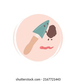 Cute logo or icon vector with garden spatula and worm, illustration on circle for social media story and highlights