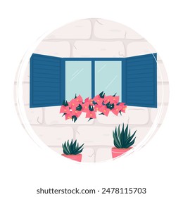 Cute logo or icon vector with greek house with blue window and bougainvillea flowers illustration on circle with brush texture, for social media story and highlight	