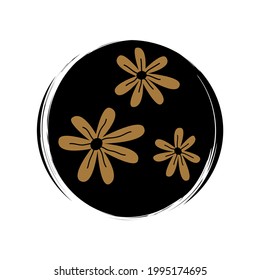 Cute logo or icon vector with hand drawn daisy flowers in contemporary abstract style, illustration on circle with brush texture, for social media story and highlights