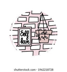Cute logo or icon vector with hanging potted plant, illustration on circle with brush texture, for social media story and highlight 