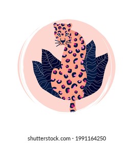 Cute logo or icon vector with leopard in contemporary abstract style, illustration on circle with brush texture, for social media story and highlights