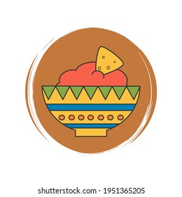 Cute Logo Or Icon Vector With Mexican Food With Nachos And Salsa, Illustration On Circle With Brush Texture, For Social Media Story And Highlights