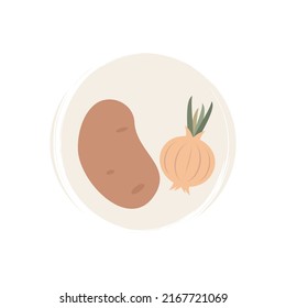 Cute logo or icon vector with onion and potato vegetables illustration on circle with brush texture, for social media story and highlight