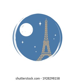 Cute logo or icon vector with Paris in the night, illustration on circle with brush texture, for social media story and highlights	