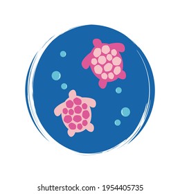 Cute logo or icon vector with pink turtles, illustration on circle with brush texture, for social media story and highlight 