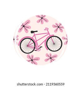 Cute logo or icon vector with pink flowers and bicycle, illustration on circle with brush texture, for social media story and highlight