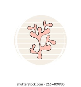 Cute logo or icon vector with pink coral on striped background, illustration on circle for social media story and highlights
