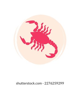 Cute logo or icon vector with pink scorpio in contemporary abstract style, illustration on circle with brush texture, for social media story and highlights