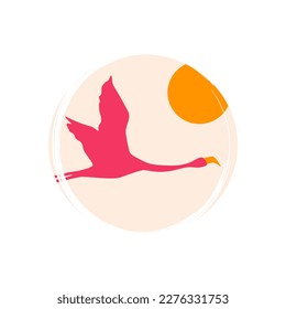 Cute logo or icon vector with pink flying flamingo silhouette and sun  illustration on circle with brush texture, for social media story and highlights