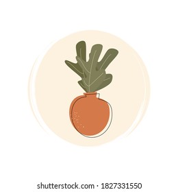 Cute logo or icon vector with potted plant in contemporary boho style, illustration on circle with brush texture, for social media story and highlights