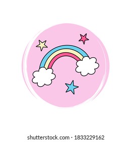 Cute logo or icon vector with rainbow and stars, illustration on circle with brush texture, for social media story and highlights