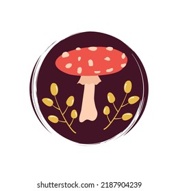 Cute logo or icon vector with red mushroom with white spots and green leaves, illustration on circle for social media story and highlights