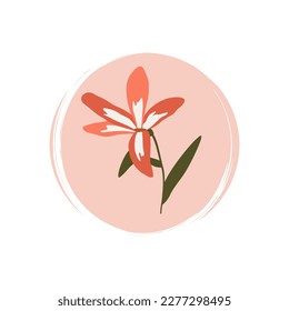 Cute logo or icon vector with red flowers illustration on circle with brush texture, for social media story and highlights
